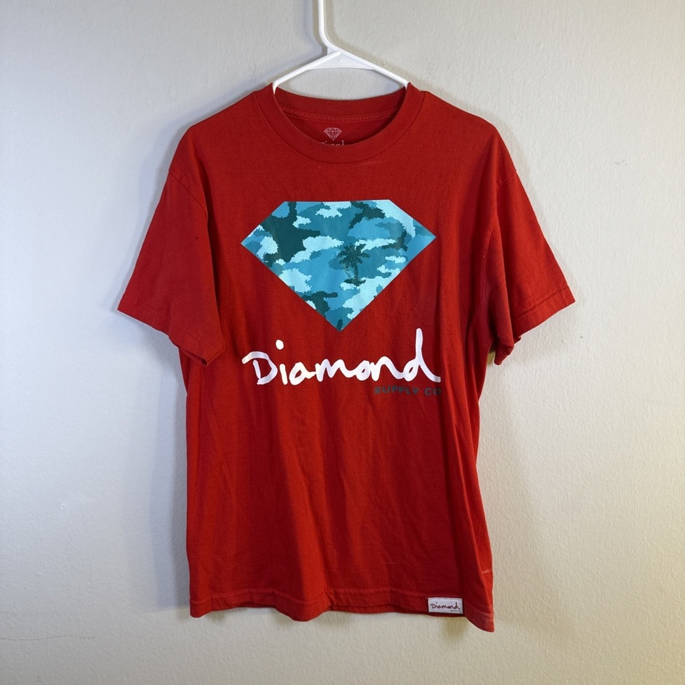 Diamond Shirt Adult Medium‎ Red Graphic Logo Cotton Short Sleeve Pit Stains
